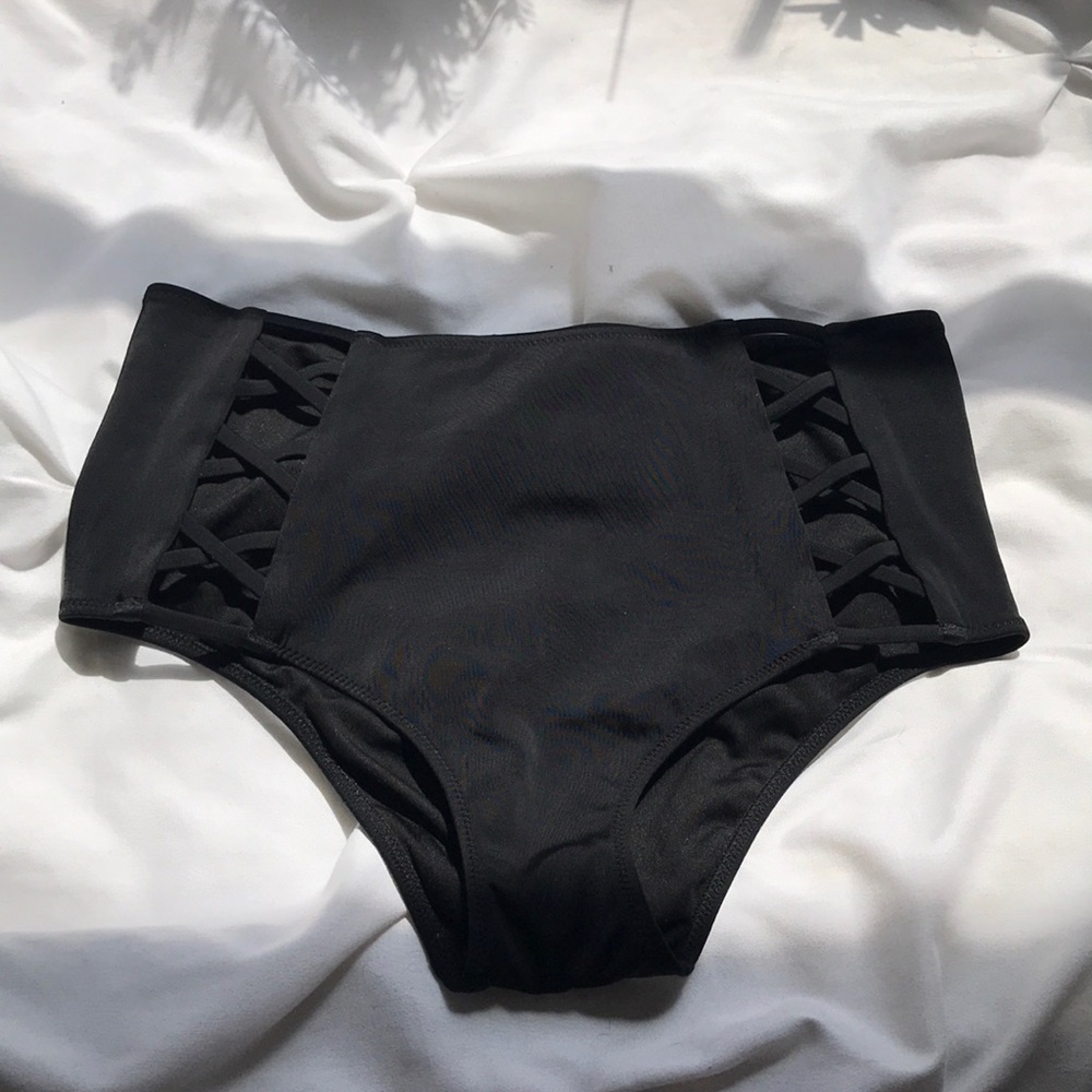 High waisted black swim bottoms